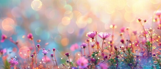 Beautiful multicolored spring meadow background with wild flowers and bokeh lights