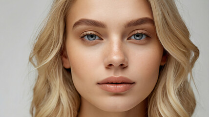Naklejka premium Close-up photo of beautiful blonde model with shiny perfect skin. Beauty makeup commercial cover