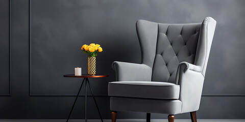 Elegant grey armchair, yellow flowers, and candle on a wooden table, create a cozy and inviting atmosphere for relaxation. 
