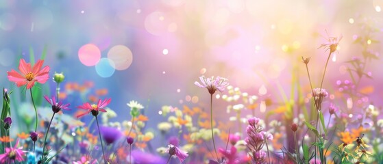 Beautiful multicolored spring meadow background with wild flowers and bokeh lights