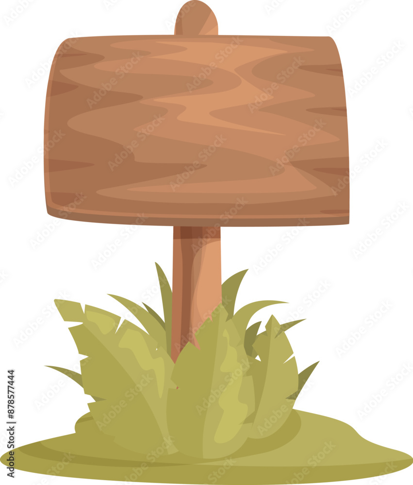 Poster empty wooden sign standing on a grass patch with leaves, perfect for adding your message or design