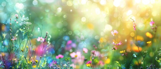 Beautiful multicolored spring meadow background with wild flowers and bokeh lights