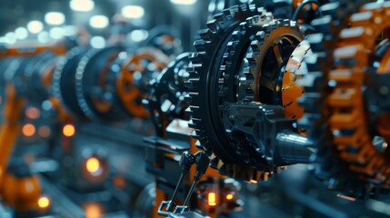 Fototapeta premium Robotic Arms Assembling Gears in Modern High-Tech Factory - Automation and Precision Focus