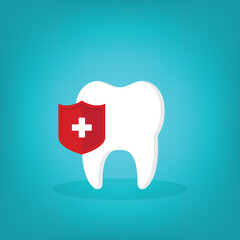 Dental Care, protection. Tooth icon and red shield.	