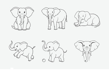 Print Majestic Elephant Line Art Vector Set, Elegant and Detailed Designs for Creative Projects