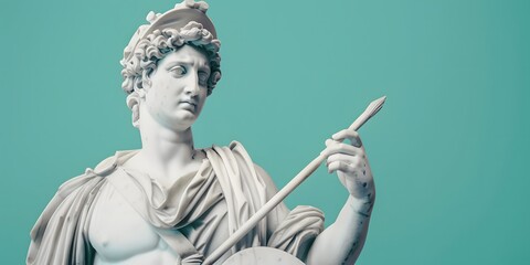 Obraz premium A marble statue of a Renaissance artist, holding a paintbrush and palette, set against a pastel teal background 