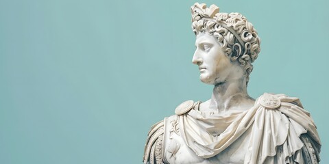 Naklejka premium A marble statue of a Roman emperor with a detailed robe and laurel wreath, set against a pastel blue background