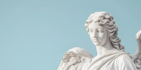 Obraz premium A marble statue of a serene angel, with flowing robes and gentle expression, set against a pastel sky blue background 