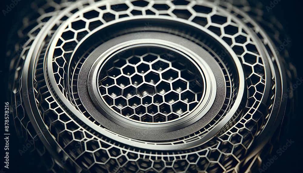Poster metallic, hexagonal, gear-like object, featuring intricate details and a sense of depth. the circula