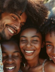 Fototapeta premium A group of people laughing and smiling together in front of the camera, perfect for social media or personal use