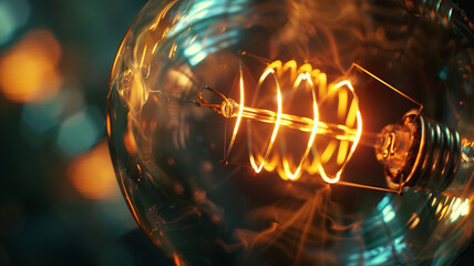 Close-Up of a Glowing Filament in an Antique Light Bulb
