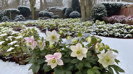 Snowy Hellebores in Winter Garden