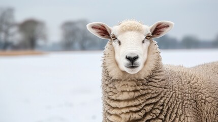 Obraz premium Close-up of a woolly sheep standing in a snowy field, showcasing its fleece and face against a blurred winter landscape background.