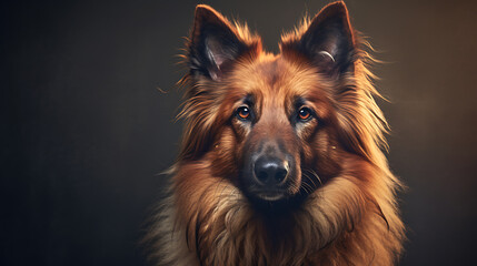 A red and brown dog with a soft, fluffy coat stares intently at the camera, capturing the essence of loyalty and companionship. 
