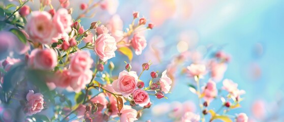 Fototapeta premium Beautiful spring border, blooming rose bush on a blue background. Flowering rose hips against the blue sky. Soft selective focus