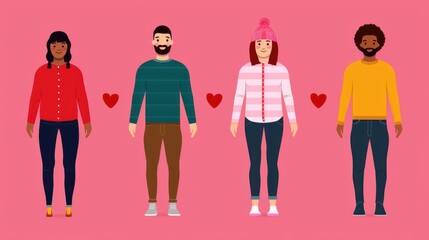 Obraz premium Diverse group of people standing in a row with heart icons. on a pink background, showing unity and love.