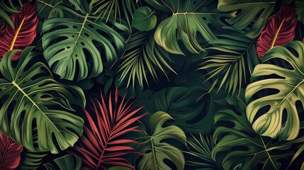 Tropical Exotic leaves against a dark green background. Rich green with red accents, arranged for a 3D effect, vibrant and dynamic pattern