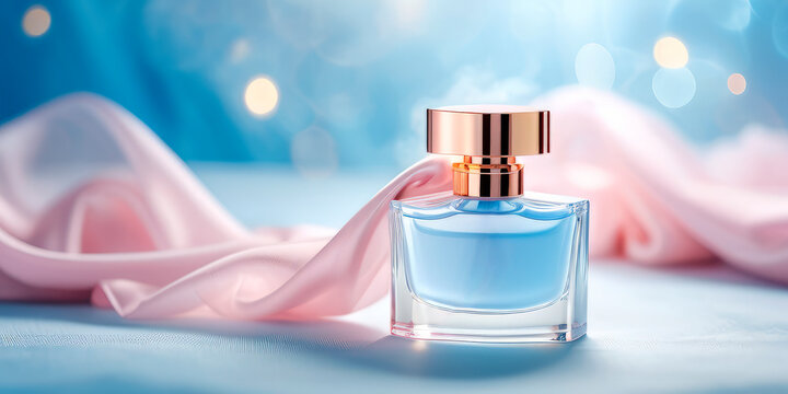 advertising of elite perfumes on silk pink and blue fabric