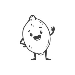 Cute cartoon lemon with smile isolated on white background. Funny character lemon in doodle style. Vector illustration 