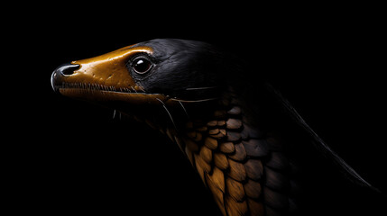 Naklejka premium A dramatic black and gold bird portrait, perfect for wildlife and nature projects. 