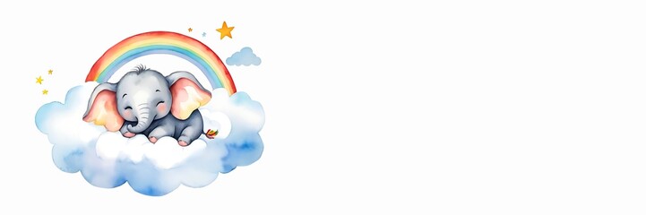 Cute elephant sleep on cloud with rainbow and stars isolated on white background. Watercolor illustration with copy space for design, artwork, wallpaper, banner, template