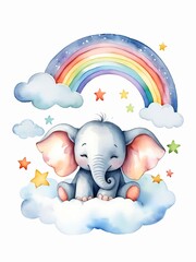 Cute baby elephant sitting on the cloud with rainbow and stars. Watercolor illustration for design, artwork, template, story book, nursery decor, wallpaper
