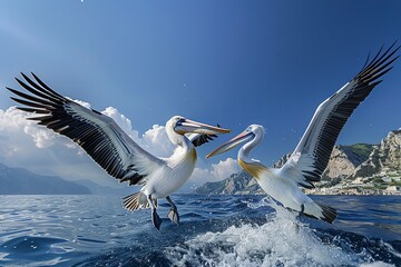 Two pelicans flying over the sea, with mountains and a town in the background.