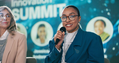 Portrait, happy woman and speaker at convention as event host, guest or panel at summit. Face,...