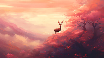 A lone deer stands on a mountaintop, overlooking a misty valley, with vibrant red trees and a warm sunset sky, evoking a sense of tranquility and peace. 
