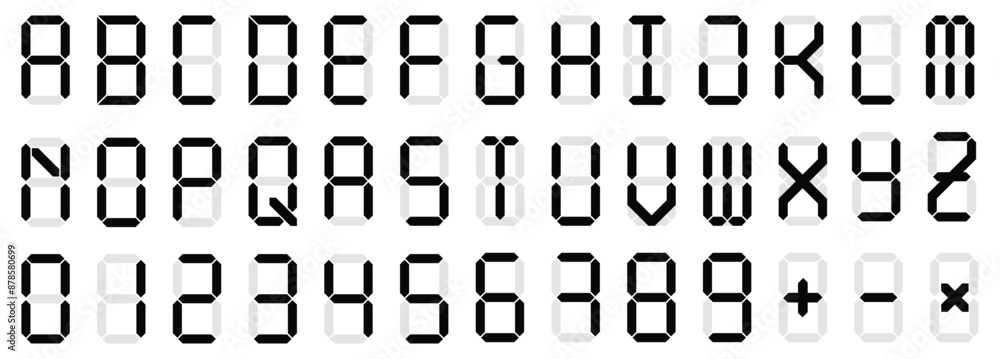 Fototapete digital display font. alarm clock letters and numbers, electronic alphabet and retro calculator scre
