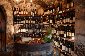 Obraz premium Old World Wine Cellar with Vintage Bottles, Barrel Table, and Red Wine Glasses