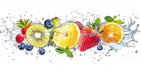 Fresh Fruit Splashing in Water.