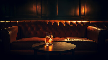 A dimly lit, brown leather couch and a glass of amber whiskey on a wooden table, evoking a feeling of relaxation and sophistication, perfect for a nightcap or a cozy evening. 
