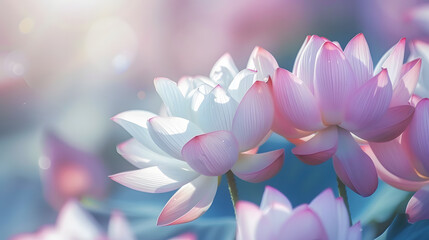 Fototapeta premium Close up of Pink lotus flower on a blurred garden background, blooming in spring, beauty and nature, Selective focus and copy space.