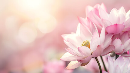 Fototapeta premium Close up of Pink lotus flower on a blurred garden background, blooming in spring, beauty and nature, Selective focus and copy space.