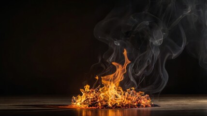 Fiery blaze emitting smoke on a black surface.