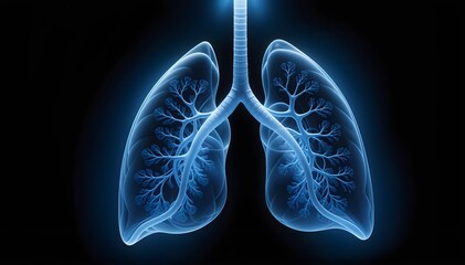 A detailed x-ray illustrated image of human lungs in black background