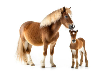 Obraz premium Pony tier mit jungtier auf vier beinen isoliert auf weißen Hintergrund, Freisteller 
