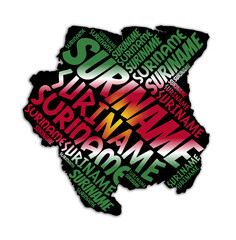 SURINAME MAP TYPOGRAPHIC STYLE WITH THE COLORS OF ITS FLAG