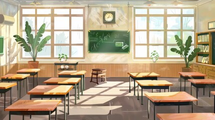 Fototapeta premium an illustration of a classroom with desks and chairs