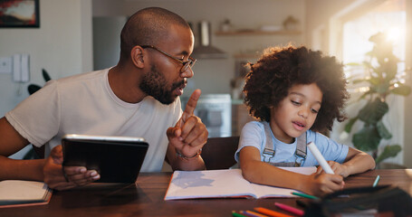 Fototapeta premium Father, boy and tablet with writing, homework and helping hand for counting with solution in family house. African man, son and elearning app for development, math and book for education in study