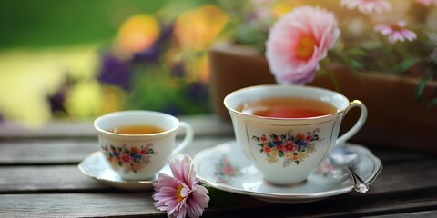Fototapeta premium A charming floral tea set featuring cups and saucers displayed on a wooden table, surrounded by blooming flowers for an elegant tea time.
