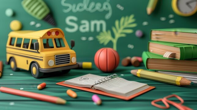 school supplies and a school bus are on a green table