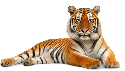 Obraz premium Tiger liegend isoliert auf weißen Hintergrund, Freisteller 