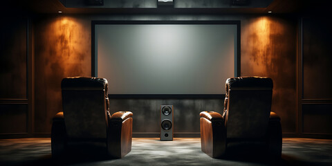 A home theater with brown leather recliners, a large screen, and a speaker,  in a dark room with warm lighting, evokes a cozy and luxurious movie night experience. 
