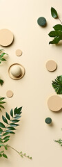 Minimalist green leaves, beige circles and a single egg on a light background,  perfect for spring and nature themed designs. 
