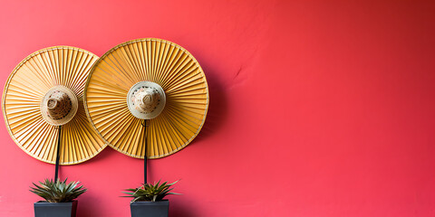Obraz premium Two straw hats, red wall, yellow and brown, minimalist Asian decor, tropical summer vibes. 