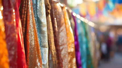 Vibrant, colorful fabrics hanging in a bustling marketplace, red, gold, blue,  evoking a sense of excitement and celebration. 
