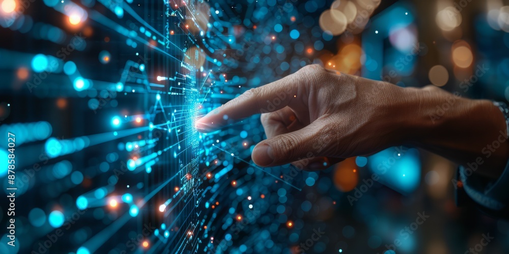 Poster hand interacting with a futuristic digital interface with blue lights and data visualization