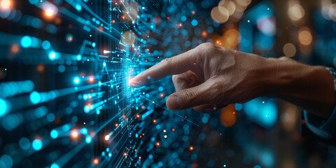 Hand interacting with a futuristic digital interface with blue lights and data visualization